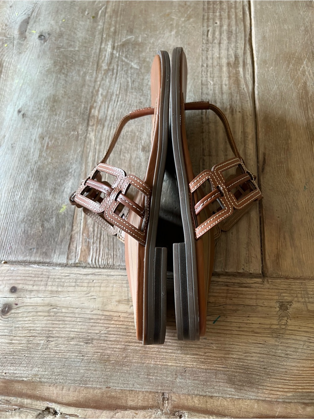 Vionic Tan Brown T-Strap Leather Slide Sandals - Picture 7 of 11